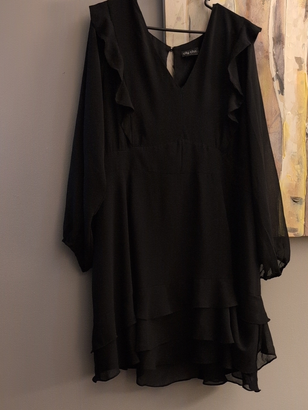 City Chic Black Long Sleeve Ruffle Layered Dress